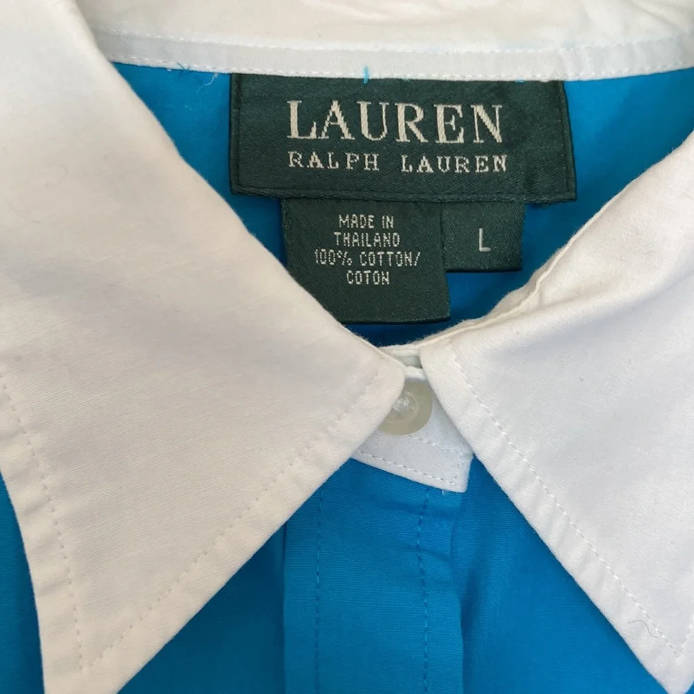 Womens Ralph Lauren VTG Turquoise Button-Down Shirt White Collar & Cuffs Size L - Picture 5 of 14